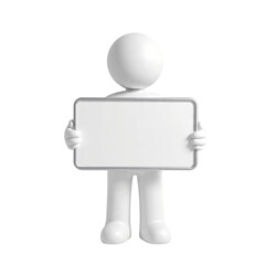 3D white character figure holding blank empty sign board for business marketing advertisement presentation message information communication display