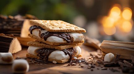 S’mores with Marshmallows and Chocolate in Warm Golden Hour Lighting