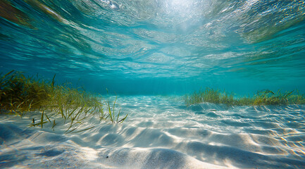 Serene Underwater Scene with Sunlight Rays Over White Sand and Blue Water
