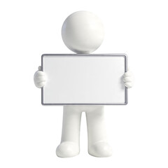 Three dimensional white figure character holding blank empty sign board for business presentation marketing message advertisement announcement