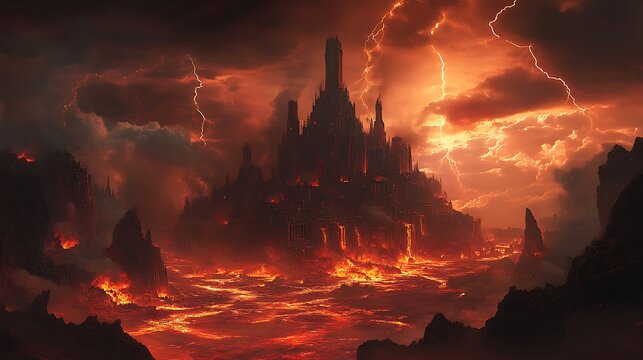 A volcanic landscape with a dark castle under a stormy sky filled with lightning strikes and fiery clouds