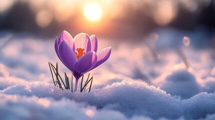 A single purple crocus flower blooming in the snow with the sun shining in the background sky above it