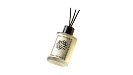 Elegant glass bottle with diffuser reeds for home fragrance and aromatherapy on a dark background