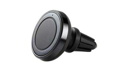 Modern black magnetic car phone mount with vent clip on a dark background