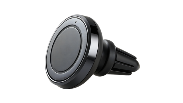 Modern black magnetic car phone mount with vent clip on a dark background
