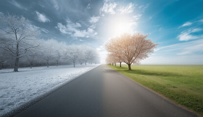 Winter to Spring Transition Landscape with Road and Sunlit Sky