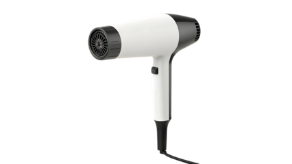 Modern white hair dryer with black accents isolated on a black background