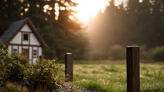 A small charming cottage stands amidst a misty forest during the golden hour with gentle rain falling and sunbeams piercing through the trees
