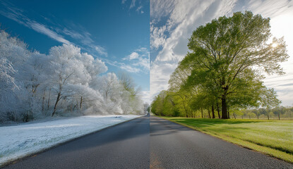 Winter to Spring Transition Landscape with Road and Sunlit Sky
