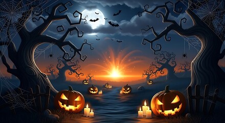 Halloween Night Landscape with Pumpkins Bats and Spooky Trees Scenery