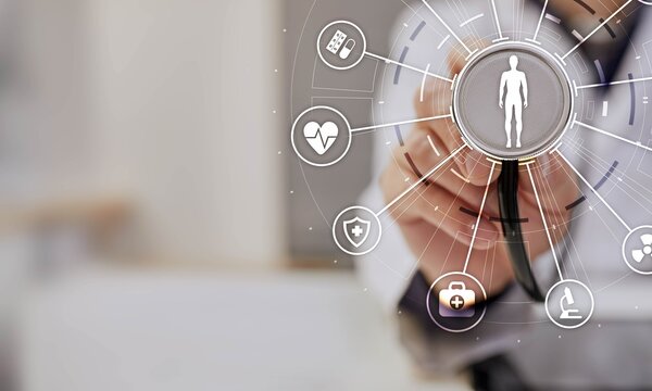 Medical Diagnostics and Health Monitoring Illustrated on a Virtual Screen.