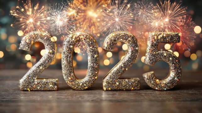2025 new year celebration with gold numbers and fireworks in a dreamy bokeh background