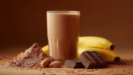 Banana Chocolate Smoothie in Glass with Ingredients on Brown Background