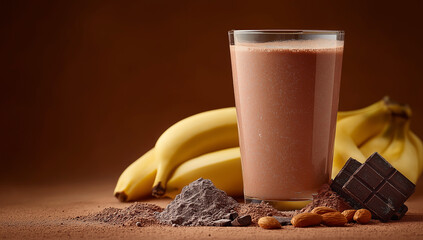 Banana Chocolate Smoothie in Glass with Ingredients on Brown Background
