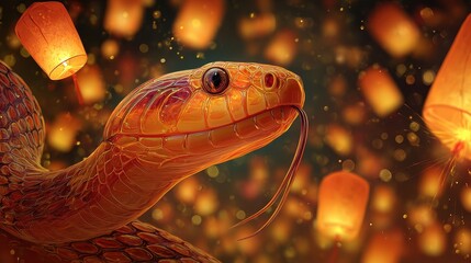 vibrant 2025 year of the snake celebration with fireworks and glowing lanterns