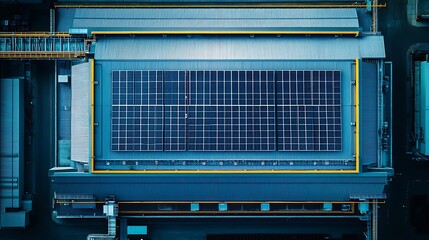 Aerial view of a large industrial building with solar panels on the roof in a blue color scheme