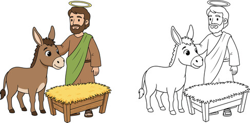 Cute Cartoon Joseph with Donkey and Manger for Nativity Scene