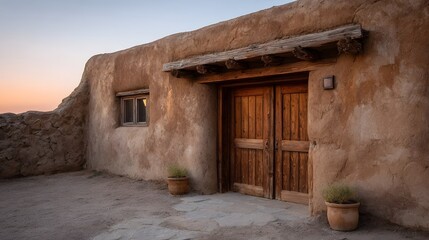 Rustic building with weathered wooden double doors bathed in soft dawn light