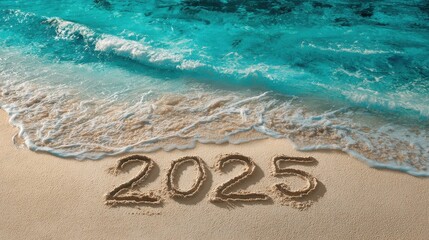 2025 carved into sandy beach near turquoise waters representing aspirations and serenity for the new year