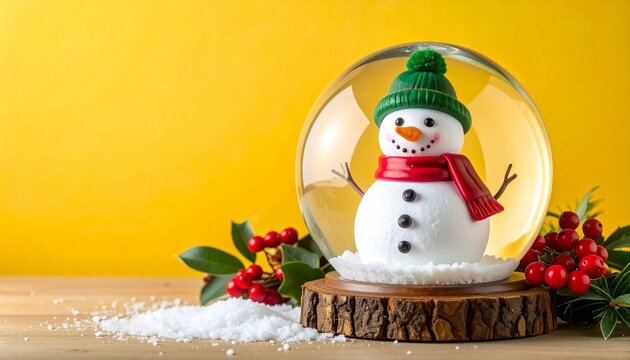 Cheerful snow globe with festive snowman and holly