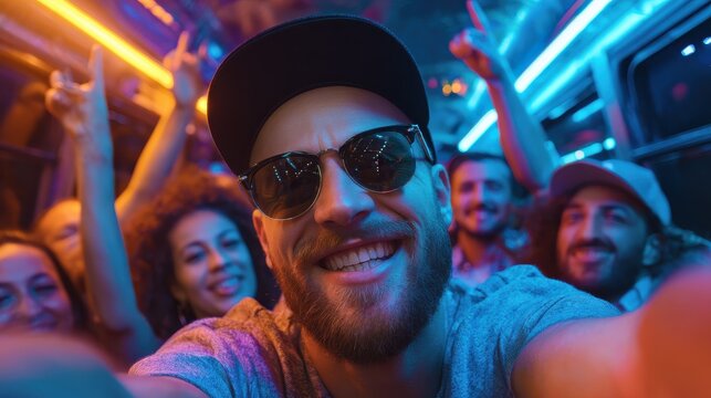 smiling man with beard sunglasses and cap takes selfie on party bus with friends vibrant blue and orange neon lights create energetic joyful atmosphere night celebration - Powered by Adobe