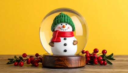 Cheerful snow globe with festive snowman and holly