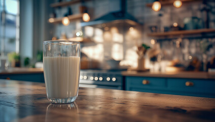 Glass of Milk on Table with Kitchen Background in Close-Up Commercial Shoot