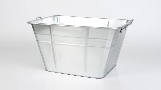A metallic, square-shaped container with small handles. It stands against a white background
