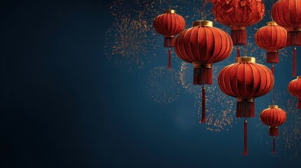 red chinese lanterns and fireworks on dark blue background traditional asian new year celebration festive oriental holiday decorations with copy space