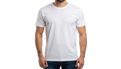 A man is wearing a plain blank white t-shirt with half sleeves, both on the front and back sides mockup