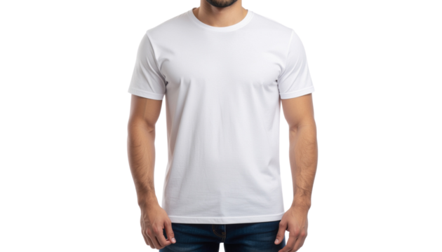 A man is wearing a plain blank white t-shirt with half sleeves, both on the front and back sides mockup