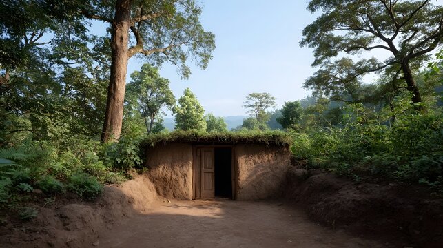 Rustic mud hut with open doorway nestled in a serene forest landscape