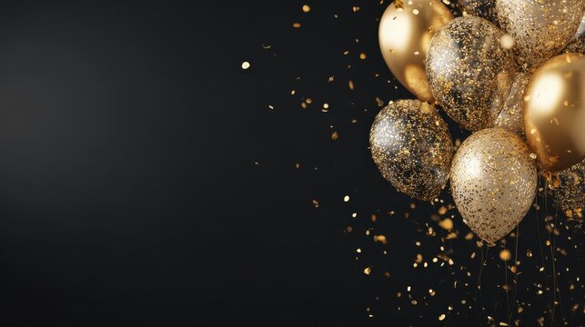 elegant gold party decoration on black background with copy space for text