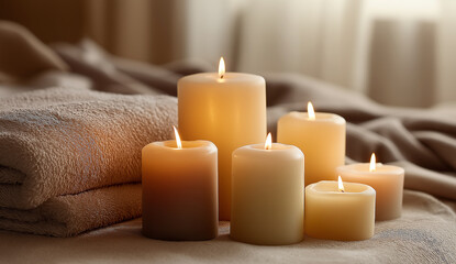 Close-Up of Lit White and Beige Candles on Table with Cozy Bed