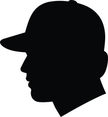 “Male profile silhouette wearing hat, black vector illustration of man side view, anonymous person graphic, simple minimal head outline design”