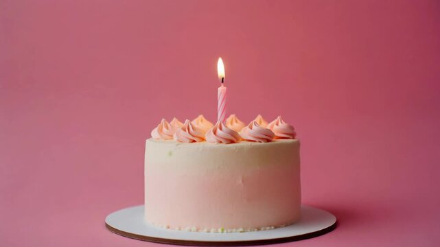 Elegant pink birthday cake with a single lit candle flame flickering against a matching pink studio background.