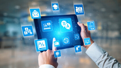 Translation icons show international languages, interpretation, and communication. Translation helps global business, translation supports learning, and translation improves cultural exchange. Gist © InfiniteFlow