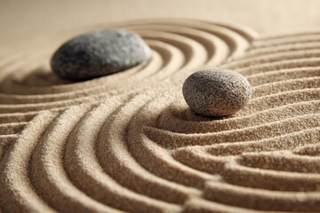 Zen Garden Rocks in Sand with Curving Patterns in Muted Beige and Grey Tones Harmony and Balance Representing Meditation and Mindfulness