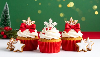 Holiday cupcakes with snowflake toppers and festive cookies in front of Christmas tree