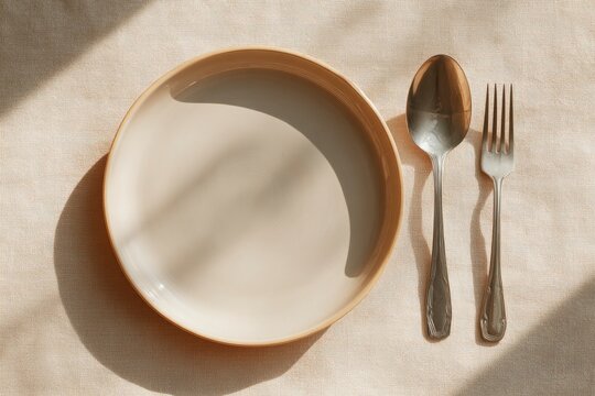 An empty plate next to a spoon and fork on a light textured surface with sun and shadow