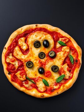 Naklejki Spooky pizza with olives forming a ghost face, on a dark background,  funny pizza,  pizza