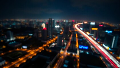 Fototapeta premium Streaks of light paint a blurred cityscape at night, texture, traffic
