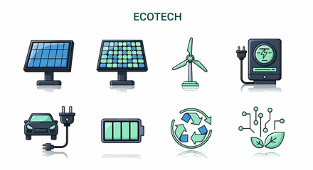 Eight colorful icons related to sustainable energy and technology on a white background