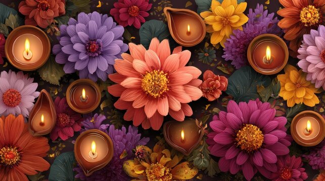 diwali festive arrangement of diyas and flowers vibrant indian celebration background - Powered by Adobe