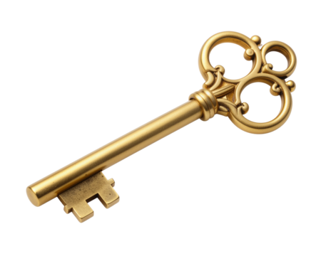 Golden key isolated on a white transparent background PNG
