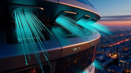 Futuristic 5G antenna transmitting high-speed blue data beams over a sunset city skyline in a cinematic 3D animation, illustrating global connectivity concepts. - Powered by Adobe