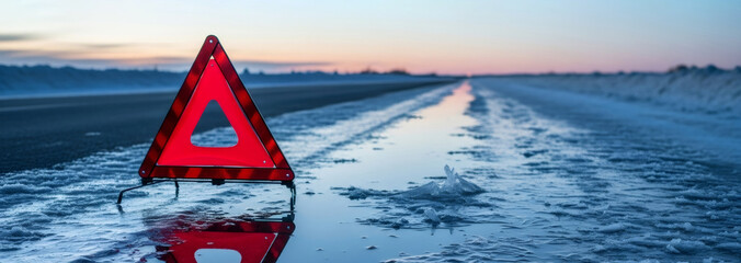 Naklejka premium Emergency warning triangle sign on a melting icy road at sunset, symbolizing car breakdown on a dangerous slippery winter highway Banner with copy space