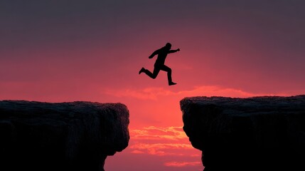 happy new year 2025 silhouette man jumping from 2024 cliff to 2025 cliff on sky background сoncept of moving from year to year new years concept