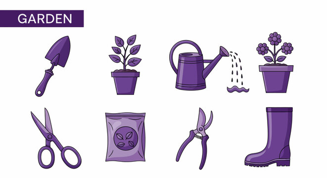 Purple icons related to gardening including tools plants and boots