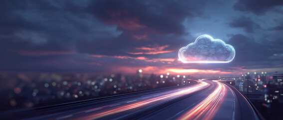 Digital Cloud Symbol Above Illuminated Highway with Cityscape at Dusk